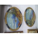 T. Lester, Mountain Lake land Landscapes, pair of Gouache's, oval, one signed,34.5 x 49.5cm