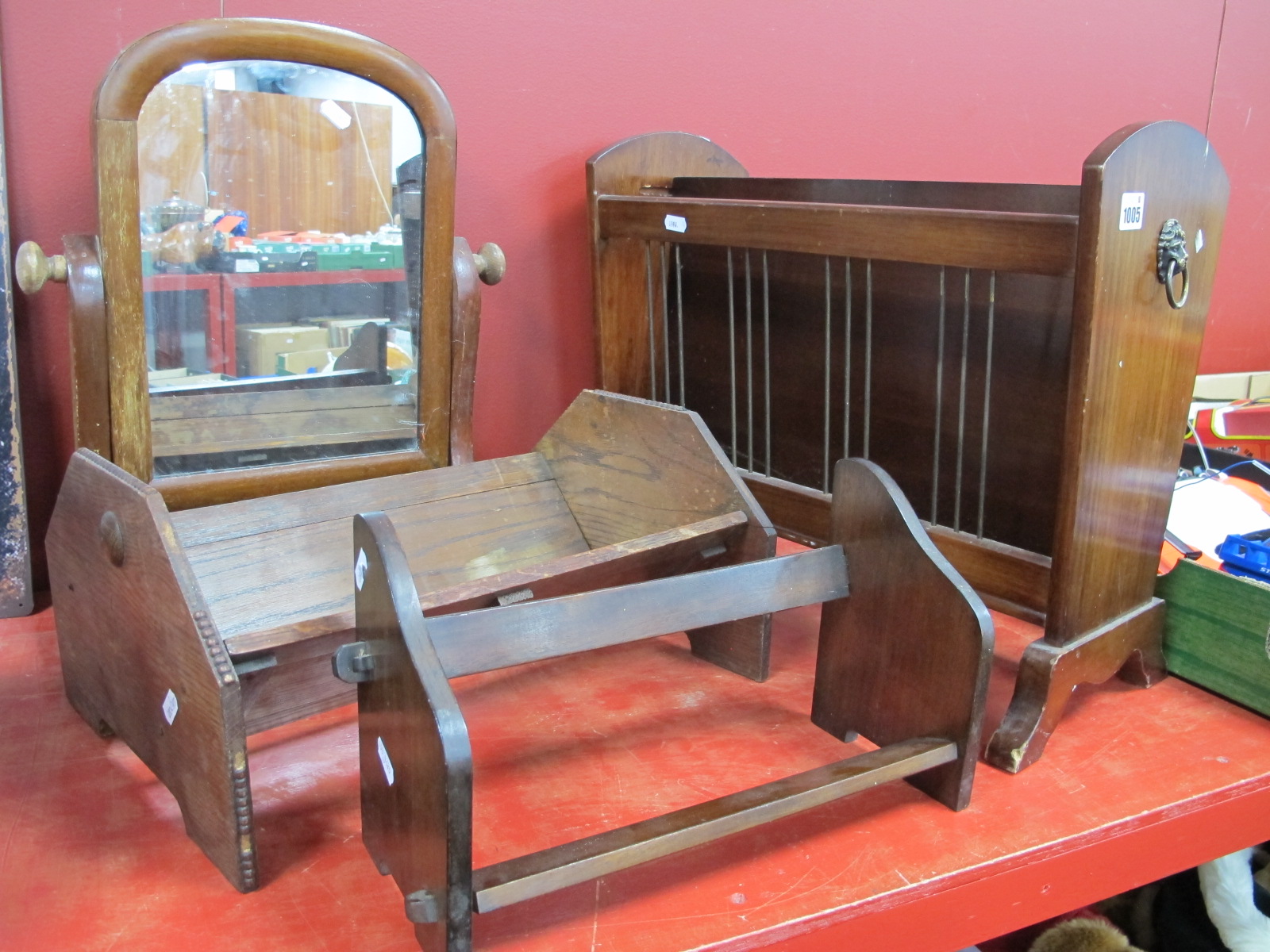 Two Book Troughs,mirror, magazine rack, bag. (5).