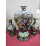 Oriental, Cloisonne vase of ovoid form, featuring sinuous dragon on black ground 26.5cm high, a