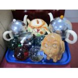 Heatmaster Chrome Covered Tea Ware, 1930's teapot and Perky Pup, glass paperweights:- One Tray