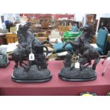Pair of Early XX Century Spelter Marley Horse Figure Groups, on oval bases.