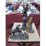 Resin Equestrian Figure and Tribal Group, spelter seed spreader, 49cm high. (3)