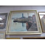 G.A Butler, 'Reflections, Birkenhead Dock', oil on canvas, signed lower right, details verso, 49.5 x