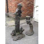 Concrete Garden Figure of Cherub on Pedestal, approximately 84cm high, stand with hexagonal top. (