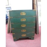 Green Painted Campaign Chest of Five Drawers, with brass handles and mounts, 65cm high.