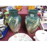 A Pair of Glazed Ceramic Vases, featuring chrysanthemums, 30cm high.
