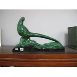 A Green Lustre Pottery Model of a Pheasant, on rectangular moulded base, stamped ;Made in France;