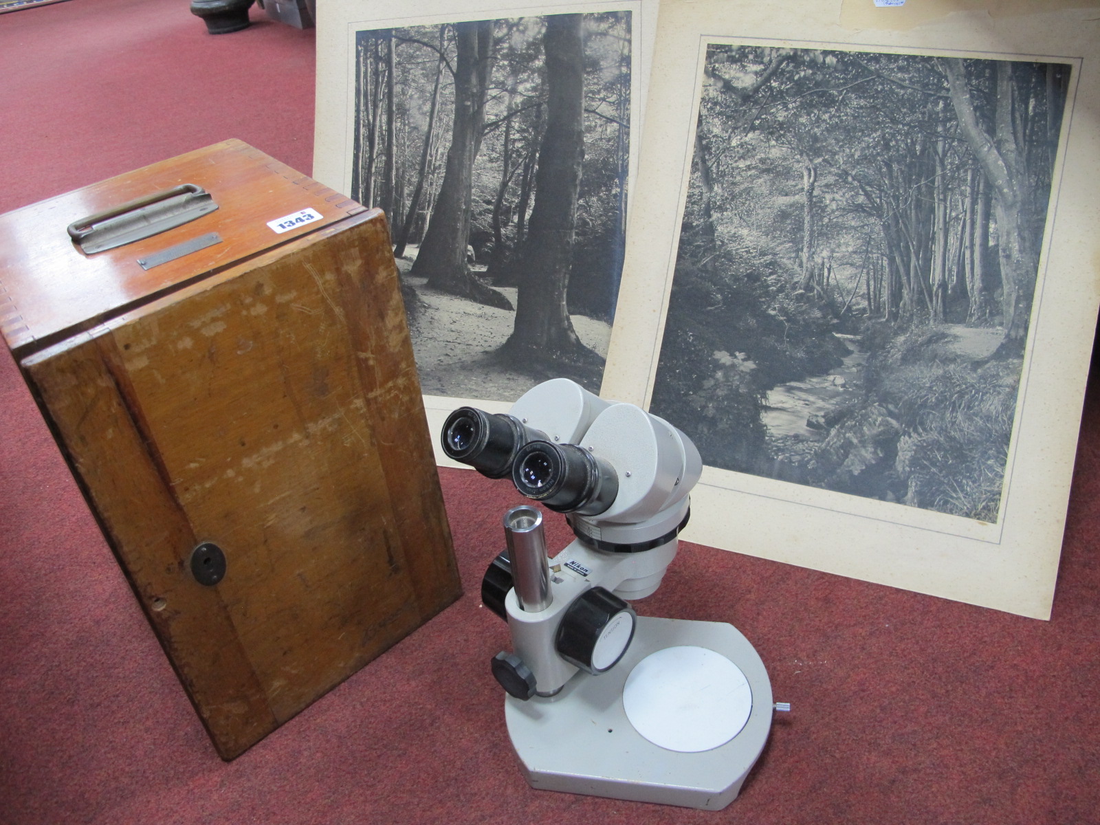 Nikon Microscope, having twin 10 x 23 lens, Walter C. Russell of Manchester, black and white
