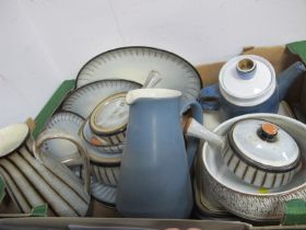 Denby Brown Strip Stoneware Table Pottery, of thirteen pieces, similar blue jug, teapot and bowl:-