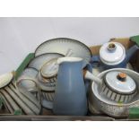 Denby Brown Strip Stoneware Table Pottery, of thirteen pieces, similar blue jug, teapot and bowl:-