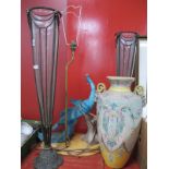 An Exotic Bird Table Lamp, pair of metal bound conical glass vase, 66cm high, Japanese hexagonal