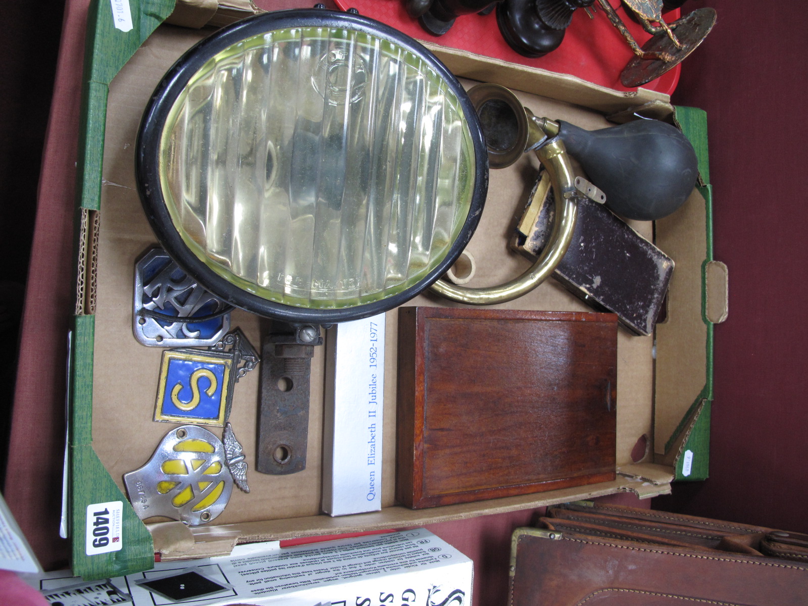 Vintage Brass Car Horn, car headlamp, AA and RAC, wooden cased scales, drawing instruments:- One