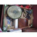 Vintage Brass Car Horn, car headlamp, AA and RAC, wooden cased scales, drawing instruments:- One