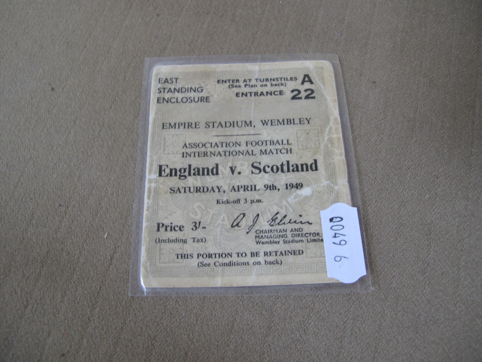 A Ticket Stub for England V. Scotland, at Wembley Empire Stadium, Sat April 9th 1949.