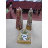 A Pair of Onyx Obelisks, 20cm high, plus pyramid. (3).