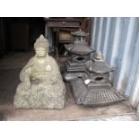 Concrete Garden Pagoda's, (faults noted) and seated Buddah, 60cm high. (3)