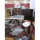 A Pair of Perspex Seated Adjustable Bar Stools, another pair, glass topped table.