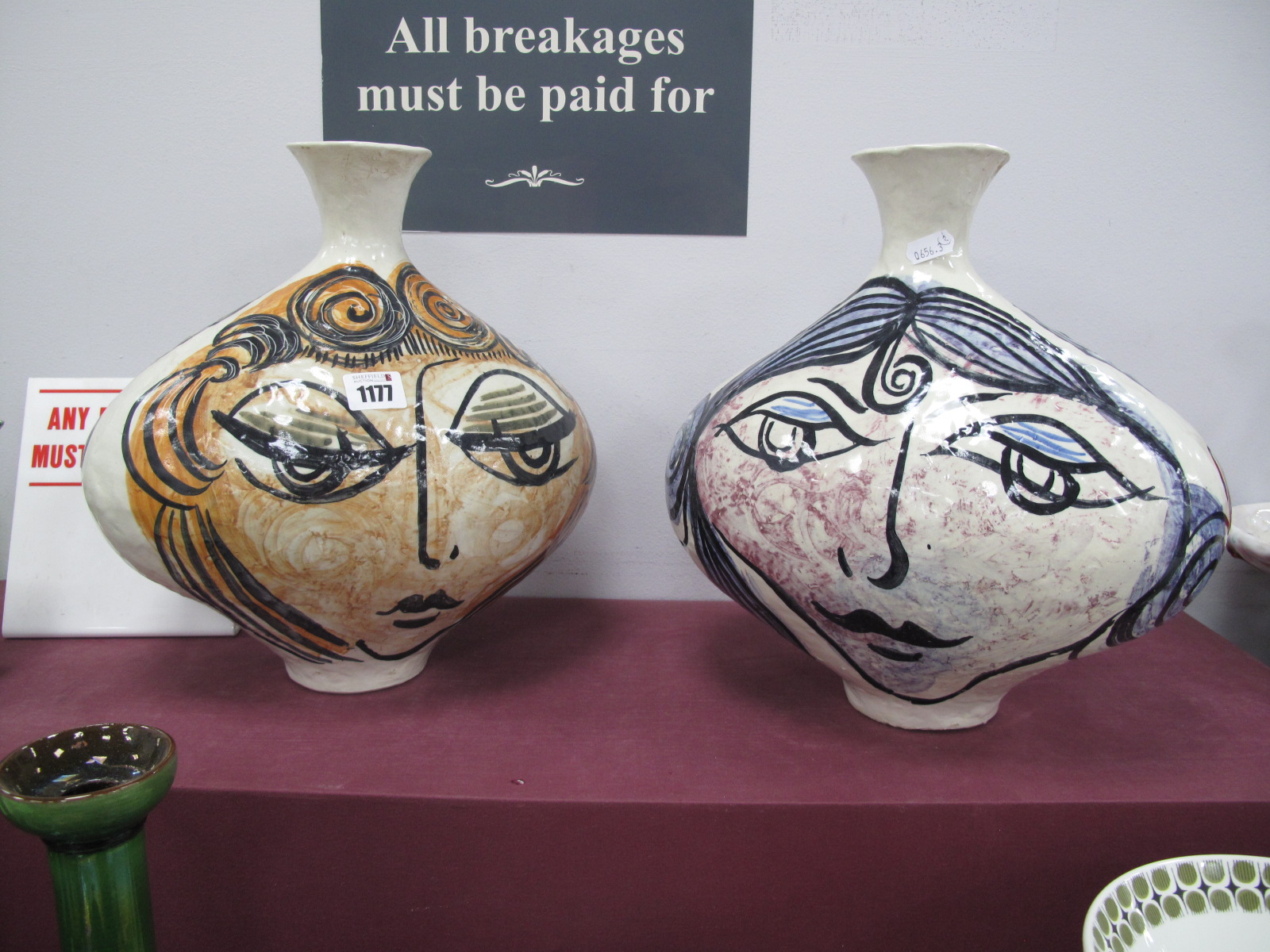 A Large Studio Pottery Ovoid Vase, painted in the Picasso style, with a face, in lilac blue and