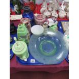 Oriental, Coffee pots, tea pot. European etched green glass shallow bowl, 29cm diameter, blue