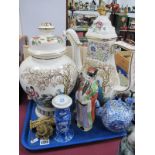 Oriental - Chinese Blue & White Vase, 15cm high (cracked), tea pot, large tea pot and ginger jar,