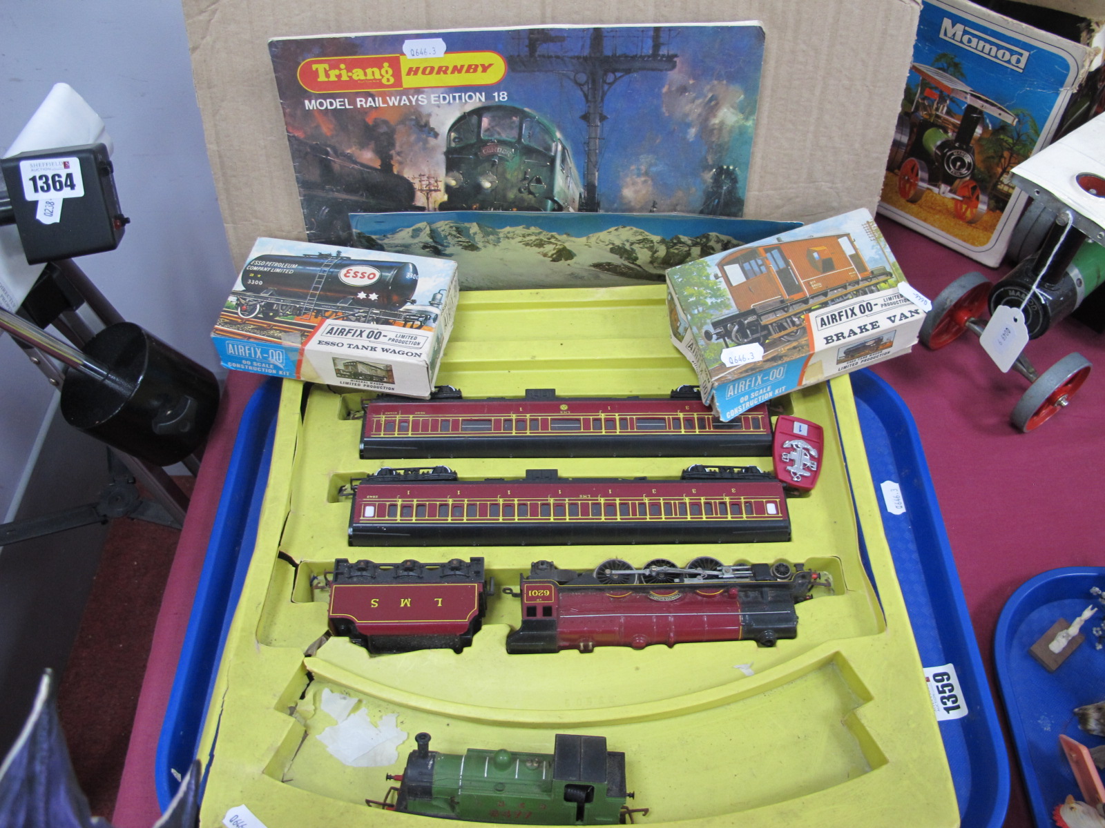 Tri-ang Train Set, Airfix OO Brake Van Construction Kit, Airfix OO Esso Tank Wagon Construction