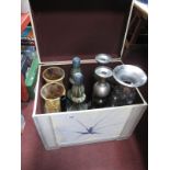 Glass Vases, candlesticks (9) in wooden trunk.