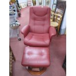 Red Leather Swivel Easy Chair, on octagonal base, with matching foot stool.