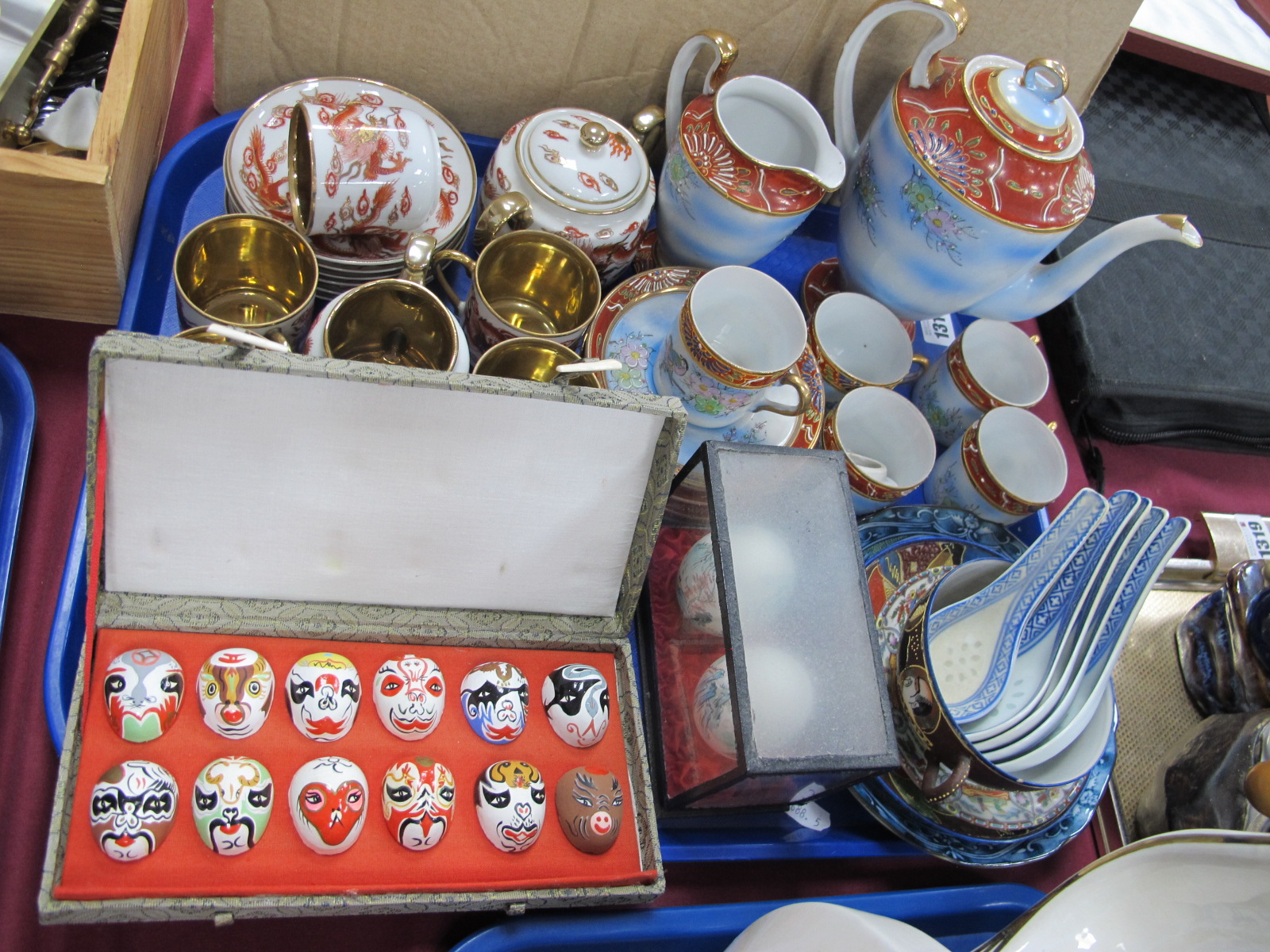 Samurai China Handpainted Coffee ware, painted eggs, masks, etc:- One Tray