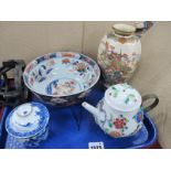 Oriental - Chinese ceramic tea pot with encrusted floral decoration and metal handle (finial