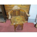 Indian Parlour Chair, with heavy marquetry inlay of mother of pearl and varying woods, spindle