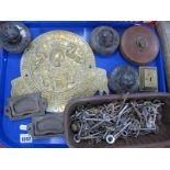 A Large Cast Brass Milners Patent Safe Plate, Chesterman tape, three cast iron weights, pair of