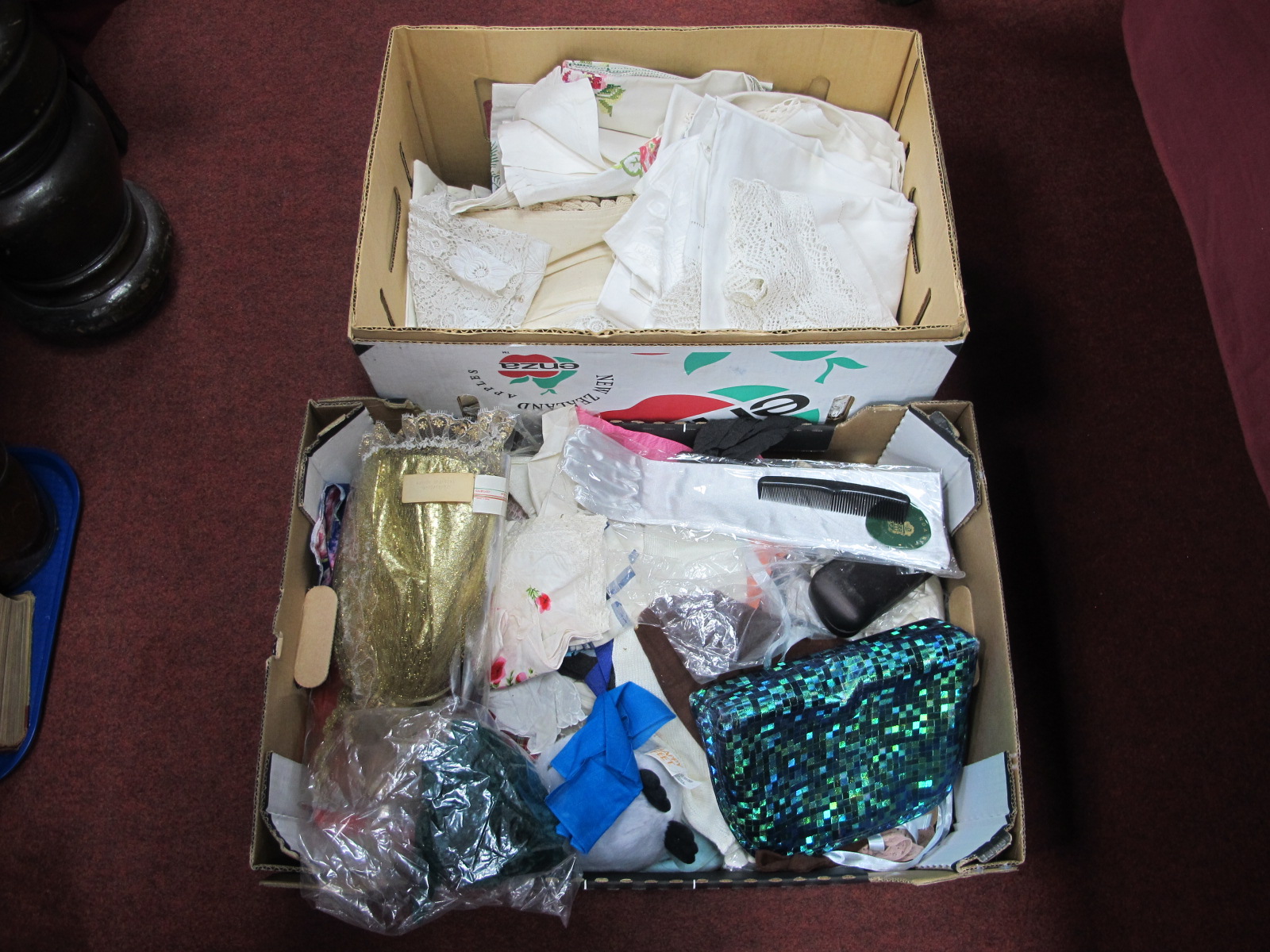 Linens, handkerchief's, soft toy, doll etc:- Two Boxes.