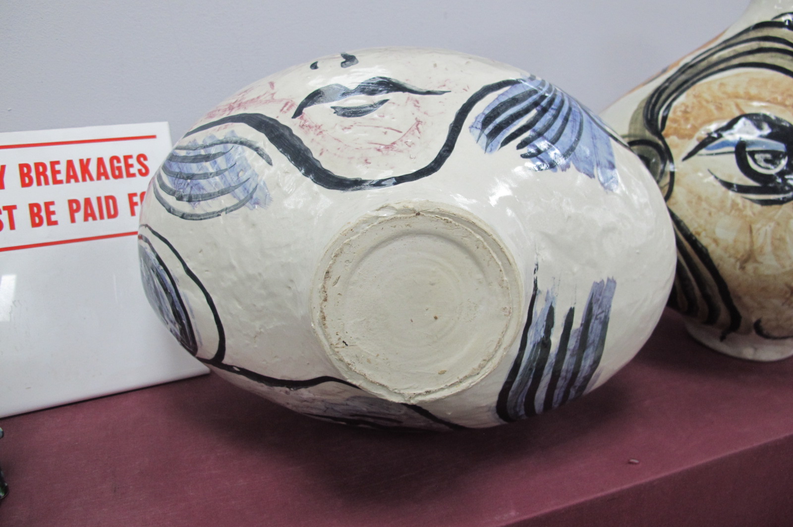 A Large Studio Pottery Ovoid Vase, painted in the Picasso style, with a face, in lilac blue and - Image 2 of 3