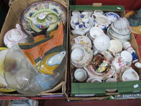 XIX Century Hand Painted Tea Bowls and Saucers, shaving mug, lustre jugs, glass punch bowl and cups,