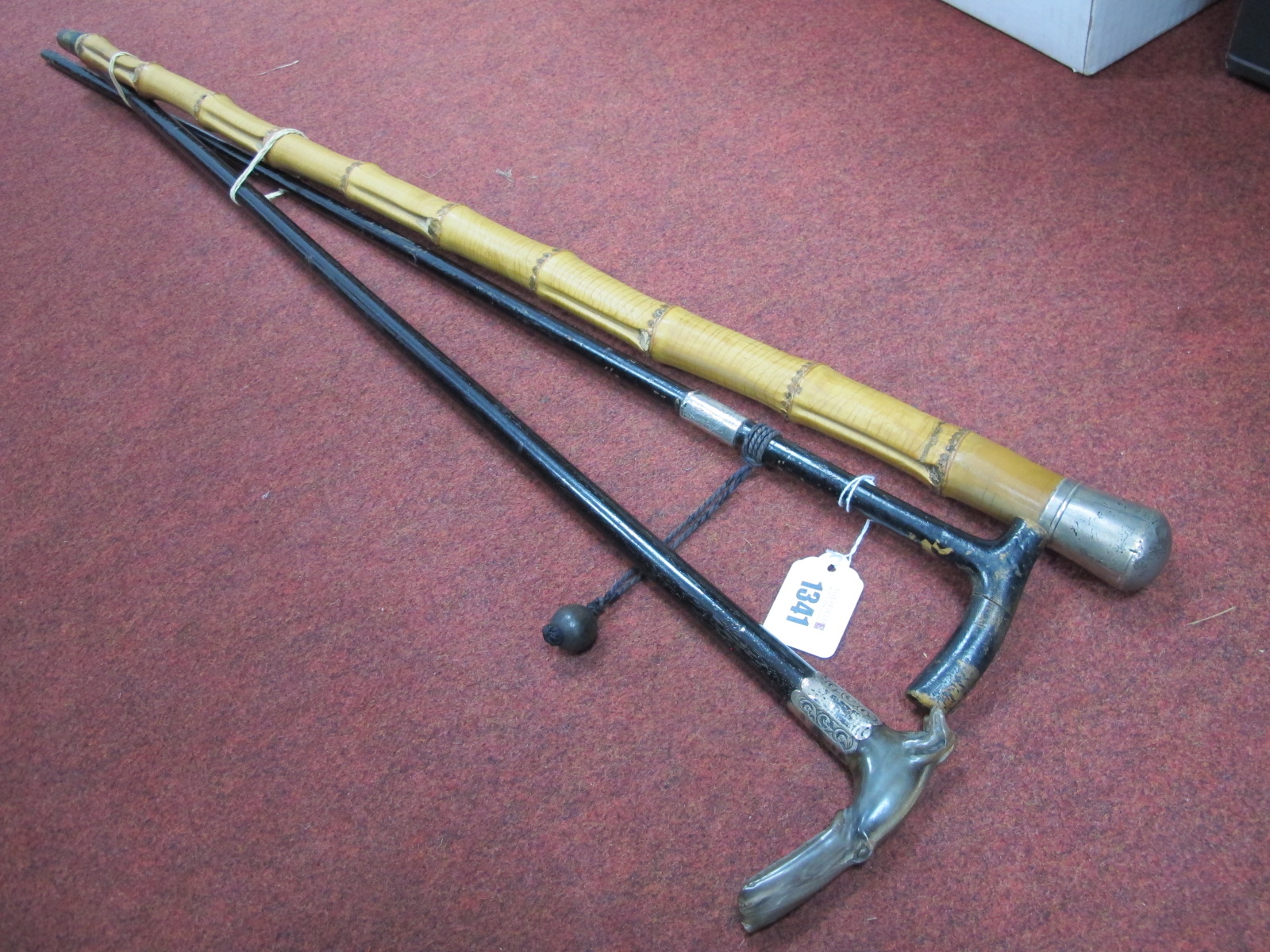 A Bamboo Walking Cane, with hallmarked silver top, another with greyhound polished horn head, plus