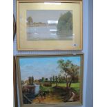 A Mitchell, Country Cottage by Lake, watercolour signed lower left 29.5 x 45cm. R.E.M Bryant (Kent