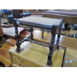 Jacobean Style Oak Stool, circa 1920's, with turned and block supports, paw feet, 53cm wide.