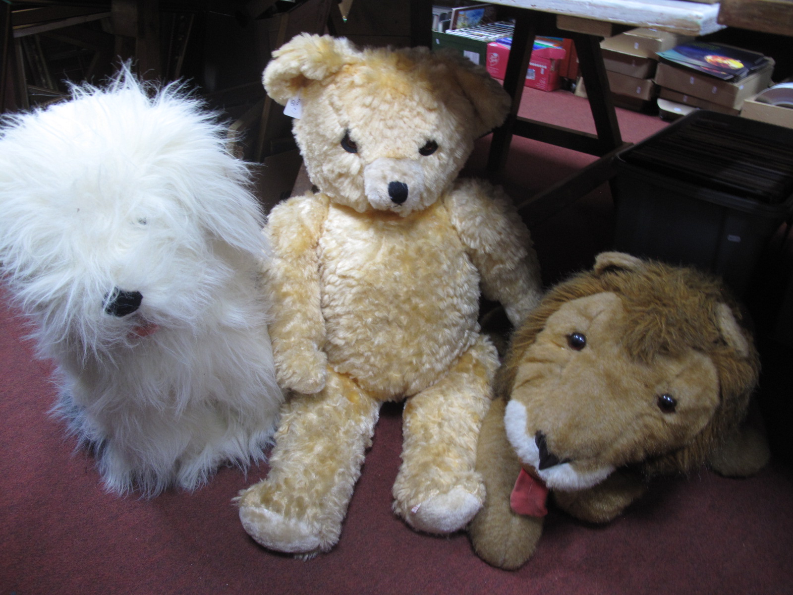 Three Large Plush Soft Toys, Old English sheepdog, Teddy Bear with growler function, and a lion, (no