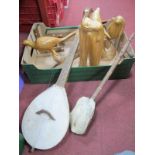 Two Stringed Musical Instruments, wooden dolphin group, 29cm high, modern nude, 34.5cm high, etc:-