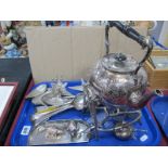 Plated Spirit Kettle, on naturalistic stand, cutlery, napkin rings, model animals:- One Tray