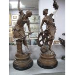 A Pair of Spelter Figurines After Moreau 'Le Travail' Lady of Industry, 65cm high, with ebonized