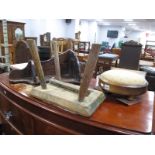 XIX Century Milking Stool, (woodworm), two later stools and wall corner shelf. (4)