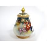 A Royal Worcester Porcelain Pot Pourri Vase and Cover, of lobed form painted with blackberries