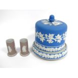 An Early XX Century Jasperware Cheese Dome and Cover, the blue ground applied in white with bands of