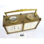 A Mid XX Century Brass Cased Carriage Clock and Thermometer, with black Roman numerals on a cream