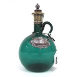 A Late Victorian Single Handled Ewer, in green glass, of compressed globular form with plated mounts