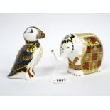 A Royal Crown Derby Porcelain Paperweight Modelled as an Elephant, printed marks, gold stopper, date