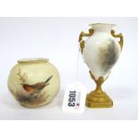 A Royal Worcester Porcelain Vase, of fluted globular form, painted with a robin perched on a gilt