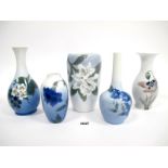 Five Royal Copenhagen Porcelain Vases, of various shapes, all painted with flowers, printed and