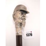 A Mid XX Century Walking Cane, stamped 925, silver pommel in the form of a gentleman's head, 94cm